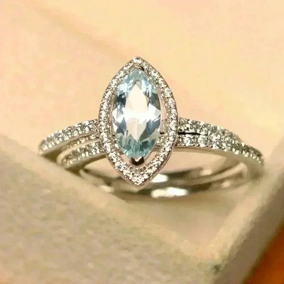 Bridgerton Era Look 14k Gold Played Silver Diamond Aquamarine 2 Piece Set - Picture 1 of 5